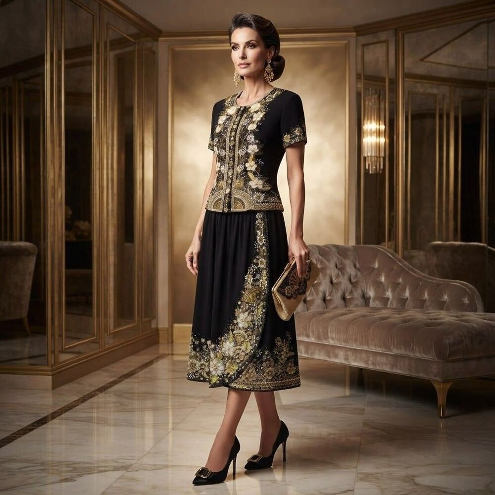 VTG 80 90s Bali Chic 2Pc Set Black Gold Beaded Sequined Skirt Suit set One Size